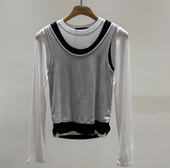 韩国正品 T恤女百搭休闲叠穿上衣 撞色圆领假两件长袖 代购 2026春季