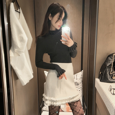 即发 partysu韩国正品代购 高领木耳边针织衫女长袖气质打底衫