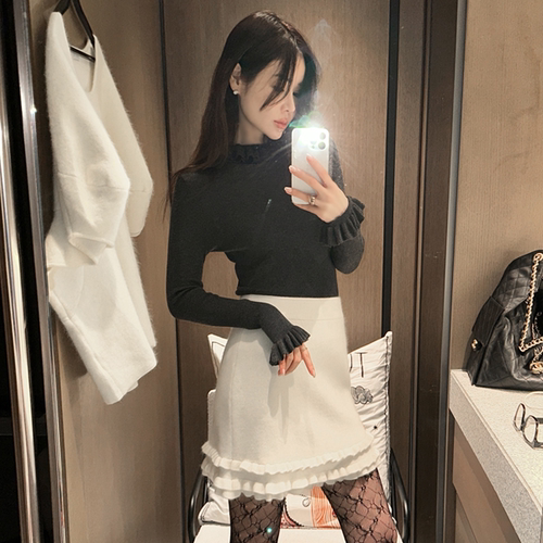 现货 Partysu韩国正品代购 高领木耳边针织衫女长袖气质打底衫