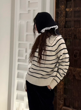 WATERMELON韩国正品代购2026条纹翻领套头毛衣女长袖显瘦针织衫