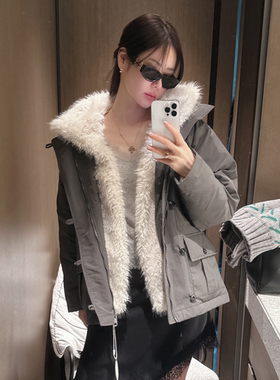 partysu韩国代购毛领派克服女中长款时尚保暖羽绒服外套