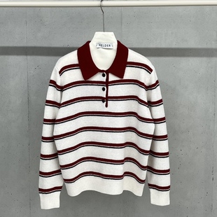 HELDER-P韩国正品代购2025复古条纹翻领针织衫女学院风毛衣上衣