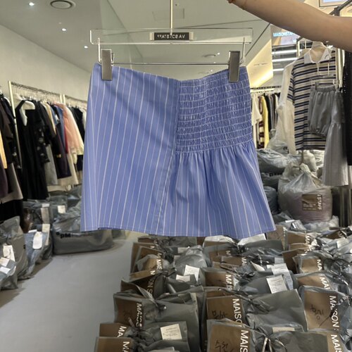 韩国正品代购 DOUBLE夏季新款学院风时髦褶皱高腰百搭条纹短裙