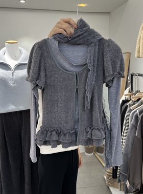 SERIN韩国正品代购飘带针织衫女冬荷叶边套头衫甜美假两件含围巾