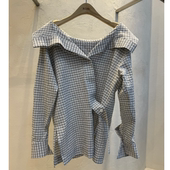 女长袖 韩国正品 一字肩上衣 新款 设计感斜肩格子衬衫 代购 2026春季