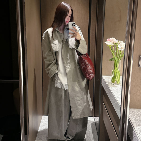 partysu韩国正品代购春季新款翻领系扣长款风衣女宽松廓形外套