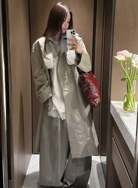 partysu韩国正品代购春季新款翻领系扣长款风衣女宽松廓形外套