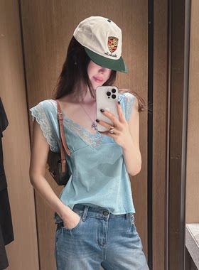 Partysu正品 韩国代购夏款精致蕾丝V领拼接侧边排扣打底外穿背心