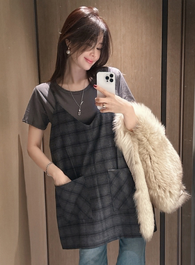 partysu韩国正品代购2025通勤风格纹吊带连衣裙女高腰叠穿长裙