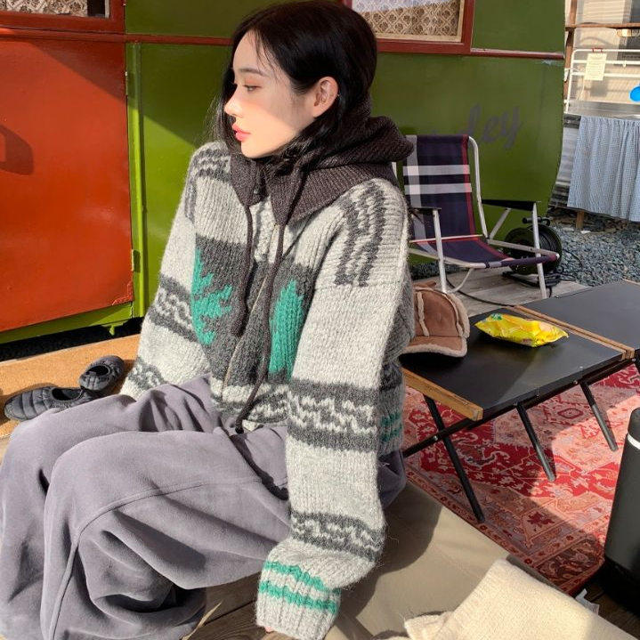 现货 STAY HERE韩国正品代购 复古风拉链针织开衫女拼色重工毛衣