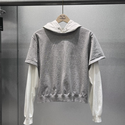 TEMPTING秋 韩国代购 时尚简约宽松拼接连帽休闲短袖舒适长袖衬衫