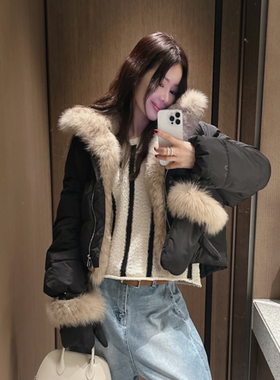 partysu韩国正品代购2025短款羽绒服毛领拼接保暖面包服派克服