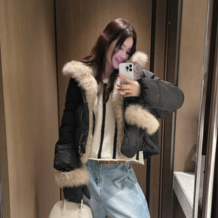 Partysu 韩国代购 短款羽绒服毛领拼接保暖面包服派克服