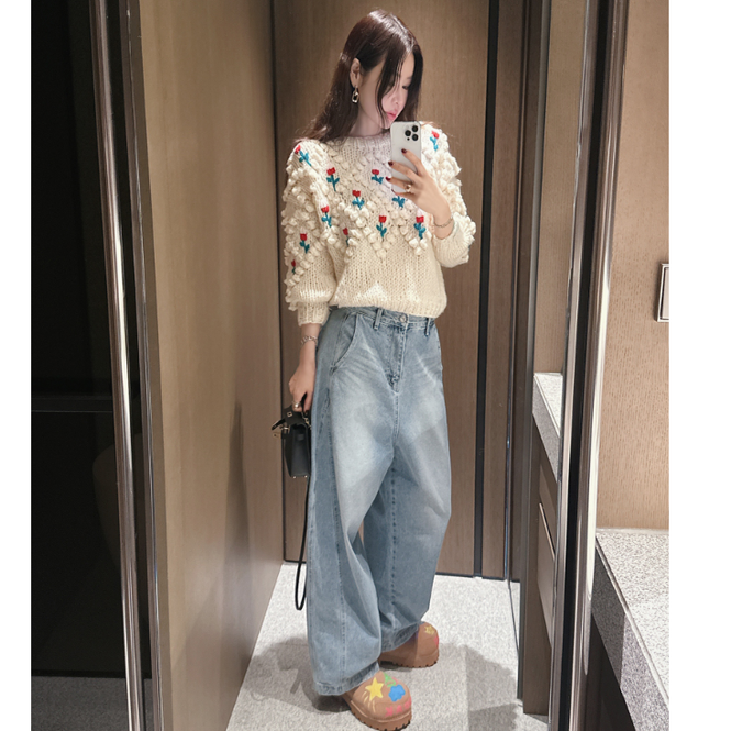 Partysu正品 韩国代购 重工刺绣花朵毛衣女慵懒风宽松针织衫