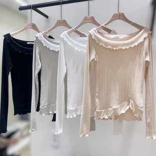 ROSIE韩国正品 打底衫 代购 T恤女荷叶边一字领修身 2025长袖 LOVE