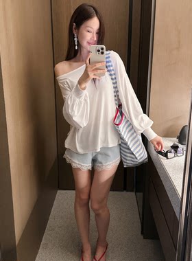 Partysu正品 韩国代购 日常百搭甜美波浪蕾丝花边休闲松紧腰短裤