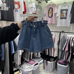 韩国正品代购 EVE春季新款花苞高腰松紧腰气质显高经典牛仔短裤