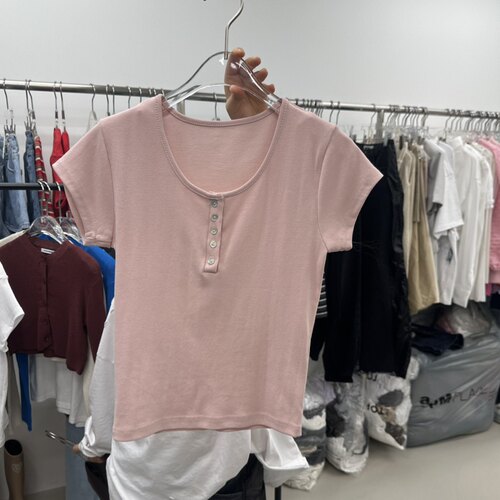 韩国正品代购 TOPDRESSING春季新款利落百搭简洁半开扣短袖T恤