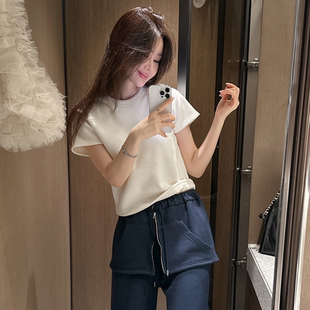 partysu韩国正品代购短袖T恤女圆领百搭减龄纯色时尚气质女上衣