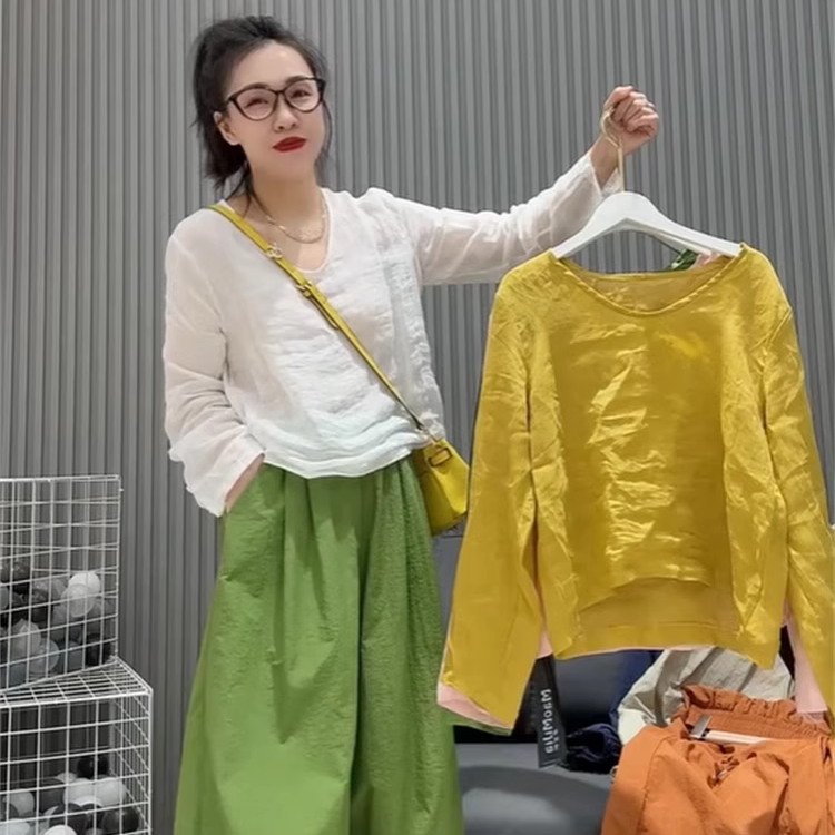 薄款苎麻长袖上衣糖果色减龄T恤