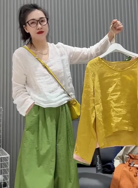 薄款苎麻长袖上衣糖果色减龄T恤