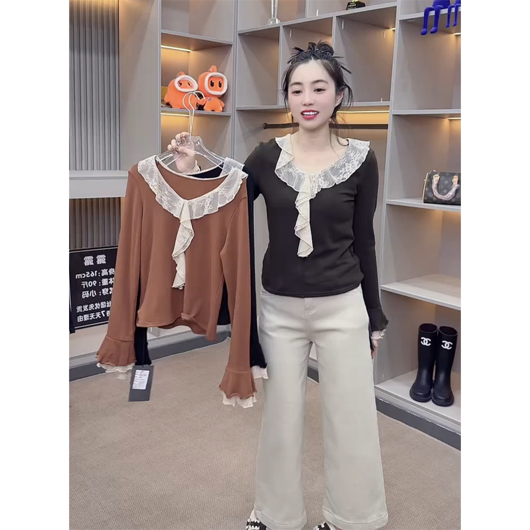 温柔风V领蕾丝荷叶边T恤女秋季长袖百搭宽松显瘦拼接喇叭休闲上衣