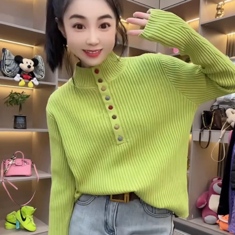 2025早秋新款时尚百搭半高领糖果色彩扣毛衣女韩系软糯洋气上衣潮
