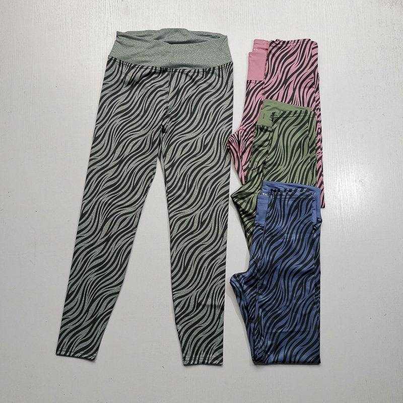 外贸女款健身弹力花条纹中高腰紧身瑜伽运动训练速干修身九分长裤