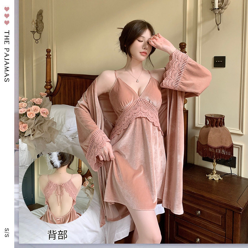秋冬金丝绒纯欲吊带睡裙两件套