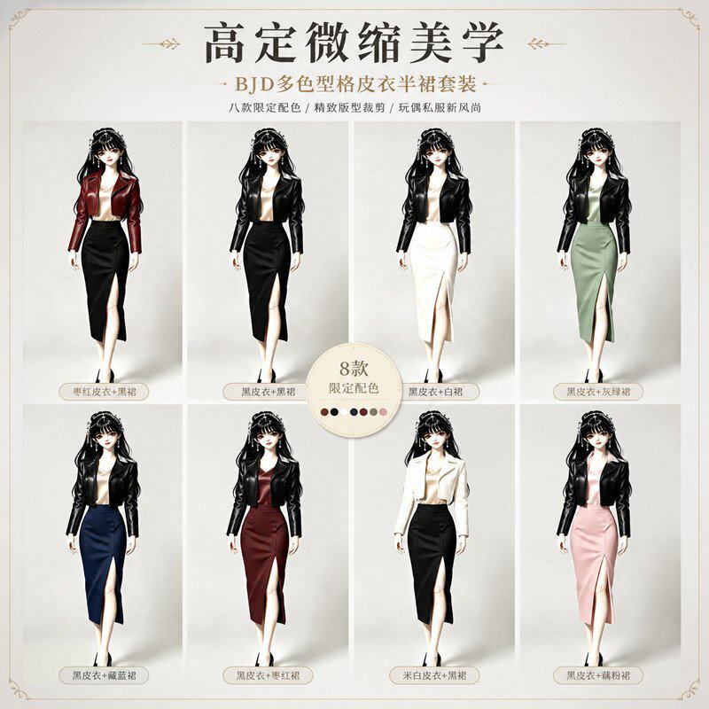 BJD3分4分6分娃衣兵人体70(葫芦)隐藏)短款皮衣开叉包臀半身裙