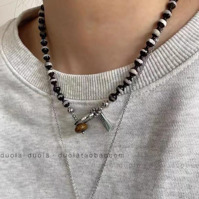 琥珀色天然石串珠钩扣项链