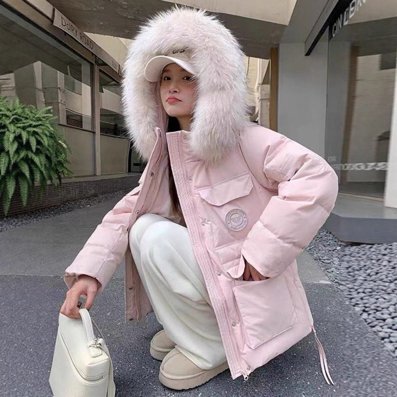 粉色派克工装羽绒服女2025冬新款韩版中长款大毛领加厚白鸭绒外套