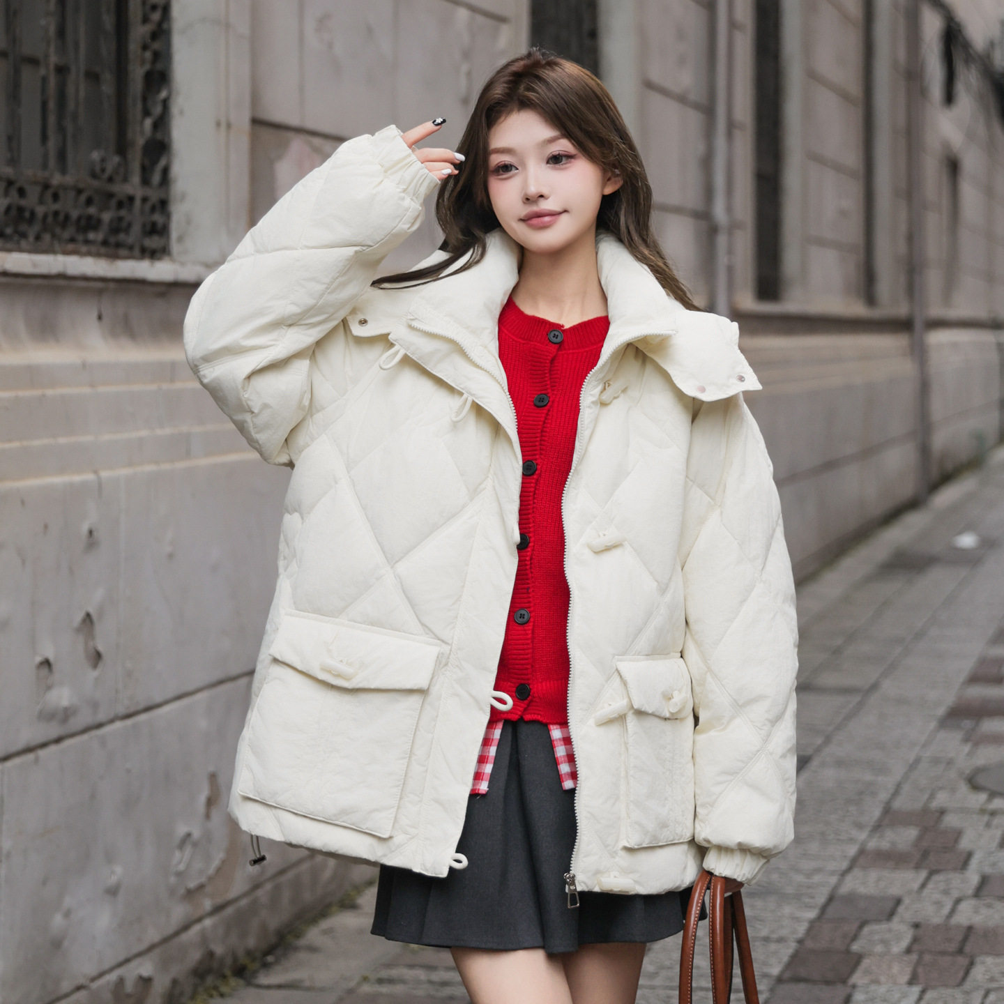 新款大码胖mm羽绒服女中长款冬季复古竹节扣宽松甜美休闲显瘦外套