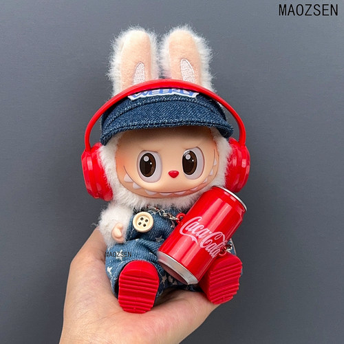 labubu娃衣前方高能可口可乐三代搪胶挂件拉布布背带裤自带可乐瓶