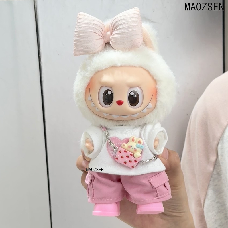 新品一二三代labubu娃衣17cm拉布布白T恤工装裤发饰套装玩偶衣服