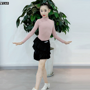W69秋冬新款少儿拉丁舞服女高领长袖V腰裙高级儿童练功服表演服装