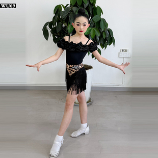 女童新款拉丁舞练功服女吊带上衣豹纹流苏裙少儿专业表演服装夏季