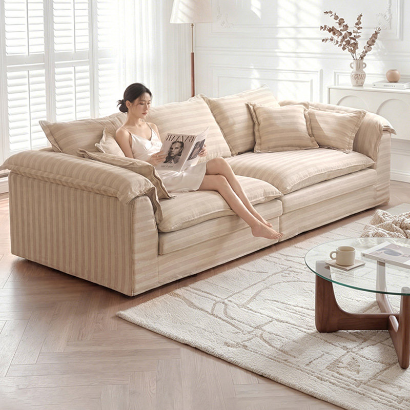 Truelog可全拆洗条纹棉麻布艺沙发雪尼尔慵懒风大坐深中古客厅