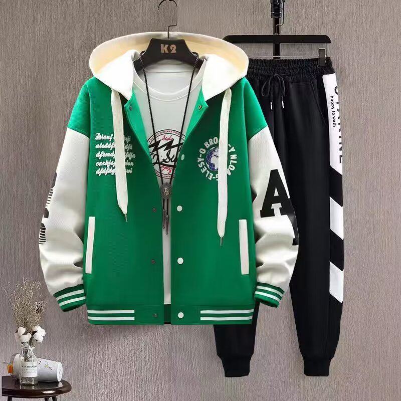 트렌디한 남성 봄 가을 코트 가디건 정장 청소년 후드 컬러 블록 재킷 니트 중학생 및 고등학생 트렌디 바지