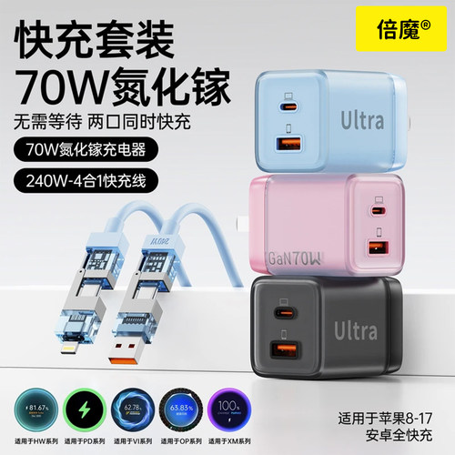 倍魔 70w能量方块氮化镓超级协议充电套装1C1A安卓PD适用苹果15-17