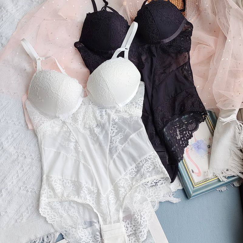 性感上薄下厚聚拢蕾丝网纱透明塑身连体衣紧身束身显瘦打底内衣