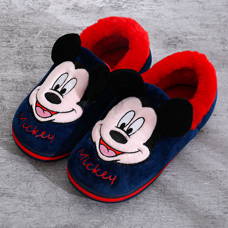 迪士尼棉拖鞋冬季男女儿童米奇卡通毛绒防滑保暖包跟亲子宝宝拖鞋