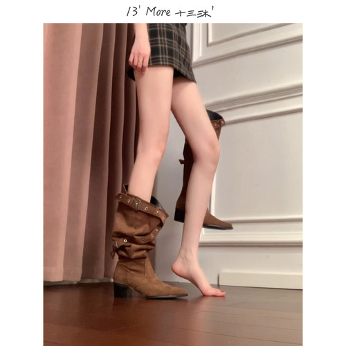 13' More ▏十三沐＇皮带扣堆堆靴女粗跟西部靴棕尖头骑士靴中筒