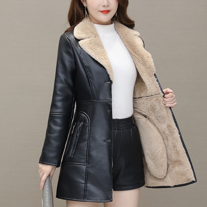 皮衣女士中长款韩版2020年秋冬季新款加绒加厚pu皮皮毛一体小外套