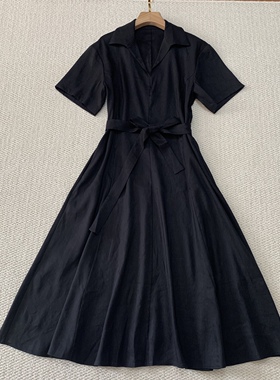 Th同款夏季新品 亚麻混纺落肩短袖翻领系带宽松连衣裙 P0303610女