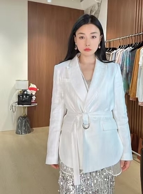 BC同款新品女士系带亚麻混纺休闲时尚通勤白色西装薄款外套