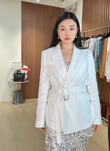 BC同款新品女士系带亚麻混纺休闲时尚通勤白色西装薄款外套