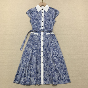 l.k.b夏季 撞色印花真丝连衣裙单排扣收腰衬衣裙配腰带 新款