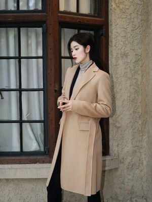 Th经典款 简约时尚气质宽松系带双面毛呢中长款大衣外套M0701410