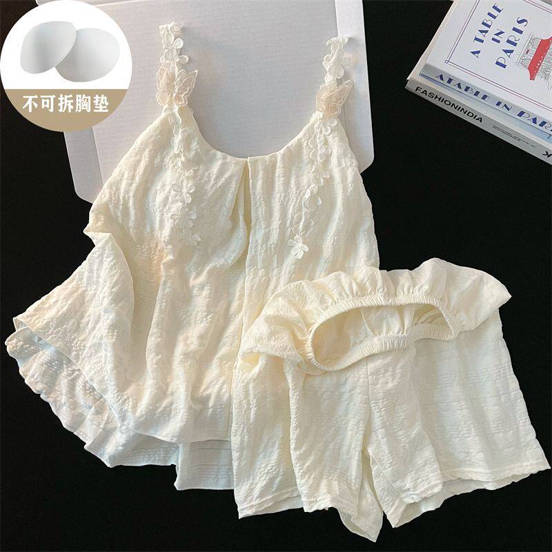 夏季甜美公主风吊带短裤睡衣带胸垫云朵棉质可外穿家居服套装女夏